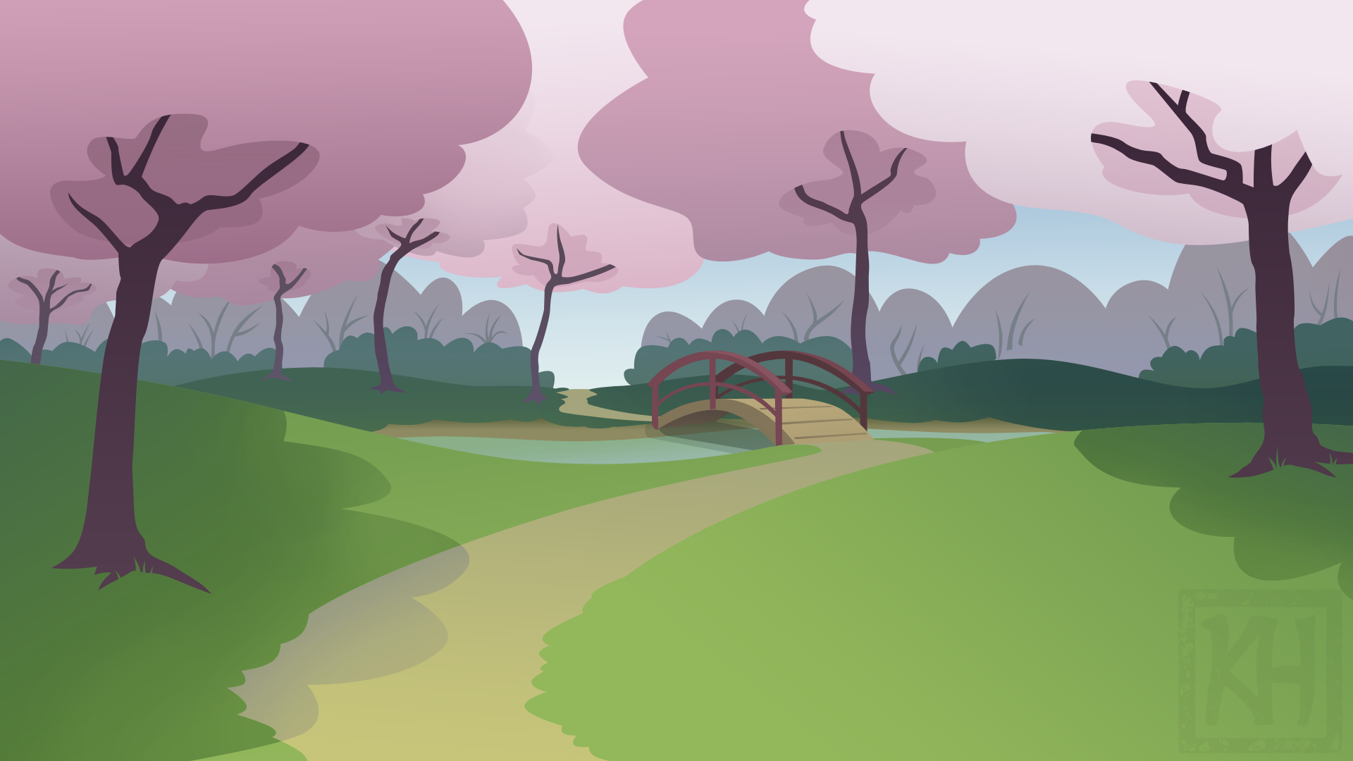 a park with cherry blossoms